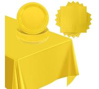 POPOYU 37Pcs Easter Yellow Party Tableware Set,Lemon Yellow Paper Dinnerset,Plastic Table Cloth Tablecover,Plates and Napkins for Birthday,Easter,Kids Rainbow Party Table Decorations