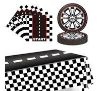 POPOYU 37Pcs F1 Racing Car Party Paper Tableware Set,RacingParty Plates Napkins Serviettes and Table Cloth,Racing Birthday Table Decorations for Kids Boys F1 Checkered Hot Wheels Party Supplies