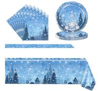 POPOYU 37Pcs Frozen Party Tableware Set for 16 Guests,Snowflake Paper Plates,Napkins and Table Cloth,Frozen Party Decorations for Christmas Winter New Year Girls Birthday PartySupplies