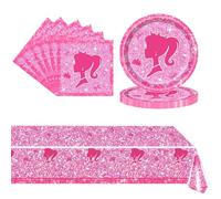 POPOYU 37Pcs Hot Pink Girls Party Paper Tableware Set,PrincessParty Plates Napkins Serviettes Set,Girls.Princess Birthday Table Decorations for Kids Girls Bar-bie Princess Let's Go Party Supplies