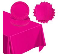 POPOYU 37Pcs Hot Pink Party Tableware Set,Hot Pink Paper Dinnerset, RosePink Paper Plates and Napkins,Plastic Table Cloth Tablecover for Kids Girls Barbie Birthday,Wedding,Let's Go Party Table Decor