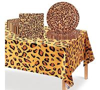 POPOYU 37Pcs Jungle Safari Animal Paper Tableware Set,Leopard Print Paper Plates 9 Inch Napkins Table Cloth,Leopard Print Party Decoration for Jungle Safari Animal Wild One Birthday Hen Party Supplies