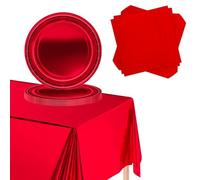 POPOYU 37Pcs Metallic Red Foil Party Tableware Set,RedFoil Dinnerset,RedFoil Table Cloth,Red Paper Plates and Napkins for Birthday,Chritmas,Wedding,Valentine's Day,Retirement Party Table Decor