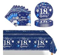 POPOYU 37Pcs Navy Blue Silver 18th Birthday Tableware Set,18th Birthday Napkins Blue and Silver,18th BlueSilver Table Cloth,18thBirthday Paper Plates for Him Her Girls Boys BirthdayGift Party Supplies