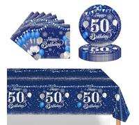 POPOYU 37Pcs Navy Blue Silver 50th Birthday Tableware Set,50th Birthday Napkins Blue and Silver,50th BlueSilver Table Cloth,50thBirthday Paper Plates for Him Her Men Women BirthdayGift Party Supplies