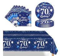 POPOYU 37Pcs Navy Blue Silver 70th Birthday Tableware Set,70th Birthday Napkins Blue and Silver,70th BlueSilver Table Cloth,70thBirthday Paper Plates for Him Her Men Women BirthdayGift Party Supplies