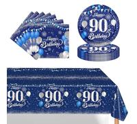 POPOYU 37Pcs Navy Blue Silver 90th Birthday Tableware Set,90th Birthday Napkins Blue and Silver,90th BlueSilver Table Cloth,90thBirthday Paper Plates for Him Her Men Women BirthdayGift Party Supplies