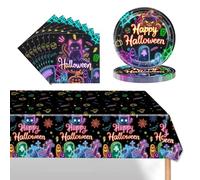 POPOYU 37Pcs Neon Halloween Party Tableware Set,Halloween Glow Party Table Decorations,Halloween Table Cloth,Paper Plates and Napkins,Halloween Paper Dinnerset for Halloween Home Party Supplies