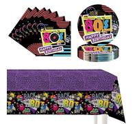 POPOYU 37Pcs Retro 80s Party Paper Tableware Set,Back to 80s Party Plates Napkins Serviettes and Table Cloth,80s Birthday Table Decorations for Men Women Retro Back to 80s Themed Party Supplies