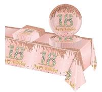 POPOYU 37Pcs Rose Gold 18th Birthday Tableware Set,Happy Birthday Party Dinnerware Set,Rose Gold Paper Plates 9 Inch Napkins Table Cloth for Girls,Her 18th birthday Gifts Party Supplies