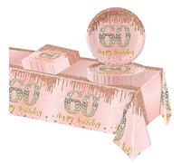 POPOYU 37Pcs Rose Gold 60th Birthday Tableware Set,Happy Birthday Party Dinnerware Set,Rose Gold Paper Plates 9 Inch Napkins Table Cloth for Women,Her 60th birthday Gifts Party Supplies