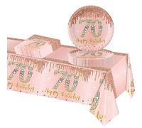 POPOYU 37Pcs Rose Gold 70th Birthday Tableware Set,Happy Birthday Party Dinnerware Set,Rose Gold Paper Plates 9 Inch Napkins Table Cloth for Women,Her 70th brthday Gifts Party Supplies