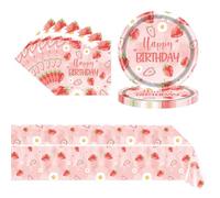 POPOYU 37Pcs Strawberry Party Paper Tableware Set, Pink Strawberry Plates, Napkins & Table Cloth, Birthday Party Decorations
