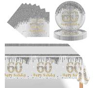 POPOYU 37Pcs White and Gold 60th Birthday Tableware Set,Silver Party Plates 60th,60th Birthday Plates and Napkins,60thBirthday Table Cloth for Him Her Men Women BirthdayGift Party Supplies