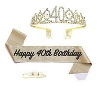 POPOYU 40th Birthday Queen Sash and Tiara,Gold 40th Birthday Crown and Sash for Her,Women 40thBirthday Decorations Party Accessories,BirthdayCrown Costume Set for Women 40th.Birthday Gifts