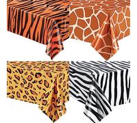 POPOYU 4Pcs Animal Print Tablecloth,137x274 cm Leopard Print Table Cloth,Tiger Table Cloth,Giraffe Tablecloth,Zebra Party Decorations for Birthday,Jungle Safari Theme Party Supplies