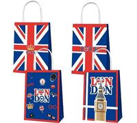 POPOYU 4Pcs London Gift Bags,Union Jack Paper Gift Bags,British Flag Kraft Paper Tote Bag,Union Jack Flag Gifts Bag with Handles for Great Britain Theme Party Accessories Gifts Wrapper Boxes