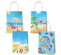 POPOYU 4Pcs Summer Swimming Pool Gift Bags,Pool Party Gift Bags,Beach Party Kraft Paper Tote Bags with Handles,Under the Sea PartyBag for PoolParty Accessories Wrapper Boxes