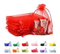 POPOYU 50Pcs Thick Red Organza Gift Bags,7x9 Small Organza Gift Pouches Drawstring Bags,Jewellery Sheer Bags Tulle Fabric Pouches Wedding Favour Bags for Christmas Halloween Birthday Goodie Gifts
