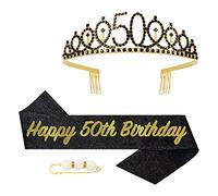 POPOYU 50th Birthday Queen Sash and Tiara,Black Gold 50th Birthday Crown and Sash for Her,Women 50thBirthday Decorations Party Accessories,BirthdayCrown Costume Set for Women 50th.Birthday Gifts