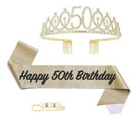 POPOYU 50th Birthday Queen Sash and Tiara,Gold 50th Birthday Crown and Sash for Her,Women 50thBirthday Decorations Party Accessories,BirthdayCrown Costume Set for Women 50th.Birthday Gifts