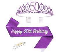 POPOYU 50th Birthday Queen Sash and Tiara,Purple 50th Birthday Crown and Sash for Her,Women 50thBirthday Decorations Party Accessories,BirthdayCrown Costume Set for Women 50th.Birthday Gifts