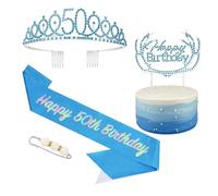 POPOYU 50th Birthday Tiara and Sash,Blue 50th Birthday Crown,Birthdays Queen Sash,Sweet 50 Birthday&Sash for for Her Women Birthdays Accessories Gifts Party Costume Decoration