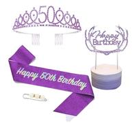 POPOYU 50th Birthday Tiara and Sash,Purple 50th Birthday Crown,Birthday Queen Sash,Sweet 50 Birthday& Sash for for Her Women Birthdays Accessories Gifts Party Costume Decoration