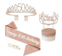 POPOYU 50th Birthday Tiara and Sash,Rose Gold 50th Birthday Crown,Birthday Queen Sash,Sweet 50 Birthday& Sash for for Her Women Birthdays Accessories Gifts Party Costume Decoration