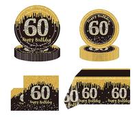 POPOYU 53Pcs Black Gold 60th Birthday Party Tableware Set,Black Gold Table Cloth,Cups,60th Birthday Plates and Napkins Sets,60thBirthday Decorations for Men Women BirthdayGifts Party Supplies