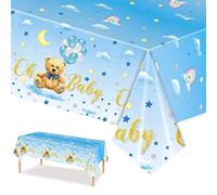 POPOYU 54 x 108 Inch Blue Teddy Bear Baby Shower Tablecloth Plastic Table Cover Balloon Bear Tablecloth Decorations for Boys Teddy Bear Theme Birthday Party Baby Shower Decoration Favor
