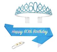 POPOYU 60th Birthday Queen Sash and Tiara,Blue 60th Birthday Crown and Sash for Her,Women 60thBirthday Decorations Party Accessories,BirthdayCrown Costume Set for Women 60th.Birthday Gifts