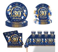 POPOYU 69Pcs 30th Birthday Party Tableware Navy Blue,30thBirthday Napkins Blue and Gold,30th BlueGold Table Cloth,30thBirthday Paper Plates and Cups for Men Women Birthday Gifts Party Supplies