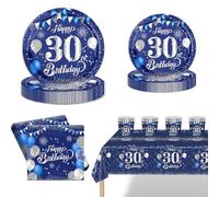 POPOYU 69Pcs 30th Birthday Party Tableware Navy Blue,30thBirthday Napkins Blue and Silver,30th BlueSilver Table Cloth,30thBirthday Paper Plates and Cups for Men Women Birthday Gifts Party Supplies