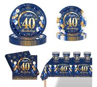 POPOYU 69Pcs 40th Birthday Party Tableware Navy Blue,40thBirthday Napkins Blue and Gold,40th BlueGold Table Cloth,40thBirthday Paper Plates and Cups for Men Women Birthday Gifts Party Supplies