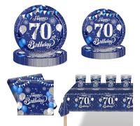 POPOYU 69Pcs 70th Birthday Party Tableware Navy Blue,70thBirthday Napkins Blue and Silver,70th BlueSilver Table Cloth,70thBirthday Paper Plates and Cups for Men Women Birthday Gifts Party Supplies