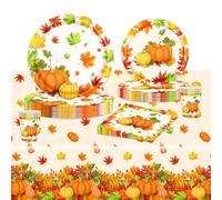 POPOYU 69Pcs Autumn Party Tableware Set,Autumn Dinnerware with Pumpkins Maples Tablecloth Napkins Paper Cups Plates for Autumn Fall Harvest Thanksgiving Table Decoration Home Party(16 Guests)