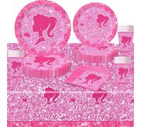 POPOYU 69Pcs Hot Pink Bar-bie. Paper Party Tableware Set,Girls Princess Party Paper Plates Cups Napkins Serviettes Bar-bie. Pink Themed Table Cloth for Girls Birthday Let's Go Partys Table Decor
