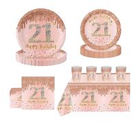 POPOYU 69Pcs Rose Gold 21st Birthday Party Tableware 16 Guests,21st Rose Gold Party Paper Plates Tablecloth Paper Cups and Napkins Tableware Set Her Birthday Gifts Party Supplies Table Decorations