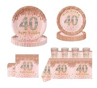 POPOYU 69Pcs Rose Gold 40th Birthday Party Tableware 16 Guests,40th Paper Plates Tablecloth Cups and Napkins Set for Women Her Gifts Supplies Table Decorations