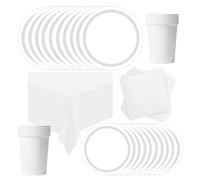 POPOYU 69Pcs White Party Paper Tableware Set,White Party Paper Plates Tablecloth Papers Cups & Napkins Tableware Set for Birthday,Wedding,Xmas,Union Jack Royal Parties Supplies Table Decor (16 Guests)