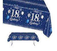 POPOYU 70th Birthday Tablecloth, Rectangular 53.9 x 107.9 inch, Plastic, Tablecloth, 137.16 x 274 cm, Blue and Silver, Waterproof & Stain Resistant, Happy 70th Birthday Party Decor