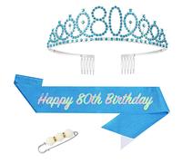 POPOYU 80th Birthday Queen Sash and Tiara,Blue 80th Birthday Crown and Sash for Her,Women 80thBirthday Decorations Party Accessories,BirthdayCrown Costume Set for Women 80th.Birthday Gifts