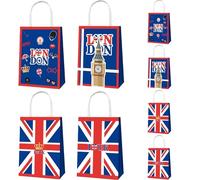 POPOYU 8Pcs London Gift Bags,Union Jack Paper Gift Bags,British Flag Kraft Paper Tote Bag,Union Jack Flag Gifts Bag with Handles for Great Britain Theme Party Accessories Gifts Wrapper Boxes