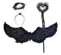 POPOYU Angel Wings with Halo and Fairy Wand,80x35cm Dark Angel Costume Fancy Dress for Women,Feather Wings Angel for Girls Carnival Themed Party,Halloween Christmas Fallen Angel Cosplay for Kids
