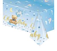 POPOYU Baby Blue Bear Shower Party Table Cloth,New Born Decor Disposable Tablecloth 54 x 108 Inches Rectangle Plastic Waterproof Cover for Boy Gender Reveal Supplies
