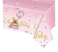 POPOYU Baby Pink Bear Baby Shower Party Table Cloth,New Born Baby Party Decoration Tablecloth 54 x 108 Inches Rectangle Plastic Waterproof Table Cover for Baby Girl Gender Reveal Party Supplies