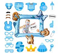 POPOYU Baby Shower Photo Booth Props,Boy Gender Reveal Photo Booth Frame,Inflatable Foil Frame with 30Pcs Boy Baby Shower Photo Props for Baby Shower Gender Reveal New Born Party Supplies