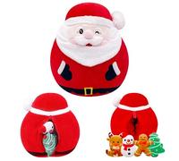 POPOYU Christmas Santa Soft Plush Toy,25cm Xmas Stuffed Santa Claus Plush with 4 Mini Snowman,Gingerman,Elk,Xmas Tree Inside,Christmas Pillow,Pocket Christmas Stuffed Animals Teddy for Kids