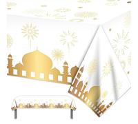 POPOYU Eid Al-fitr Tablecloth Eid Ramadan Mubarak Tablecloth 130 * 220, White Gold Star Moon Lantern Plastic Rectangle Table Cover for Islam Muslim Happiness Kareem Ramadan Party Decoration